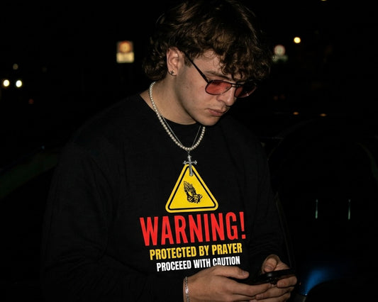 ⚠ WARNING! Protected by Prayer-Crewneck