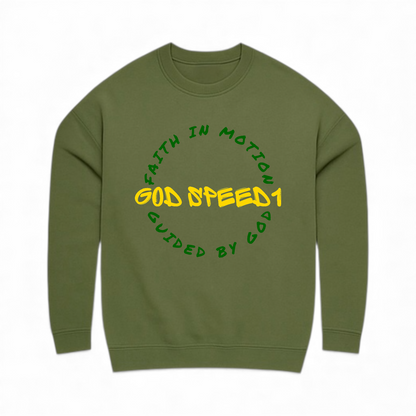 The "God Speed 1" Crewneck: Faith in Motion Army Green