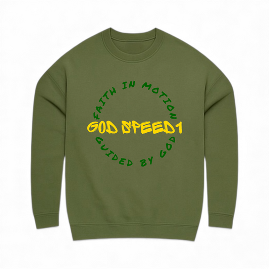 The "God Speed 1" Crewneck: Faith in Motion Army Green