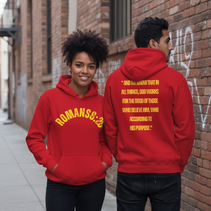 Romans 8:28 Scripture Hoodie – Faith in Motion Collection