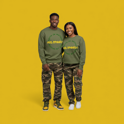 The "God Speed 1" Crewneck: Faith in Motion Army Green